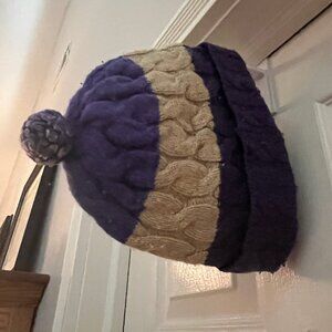 Patagonia winter hat, purple and tan, with pom-pom, fleece inside